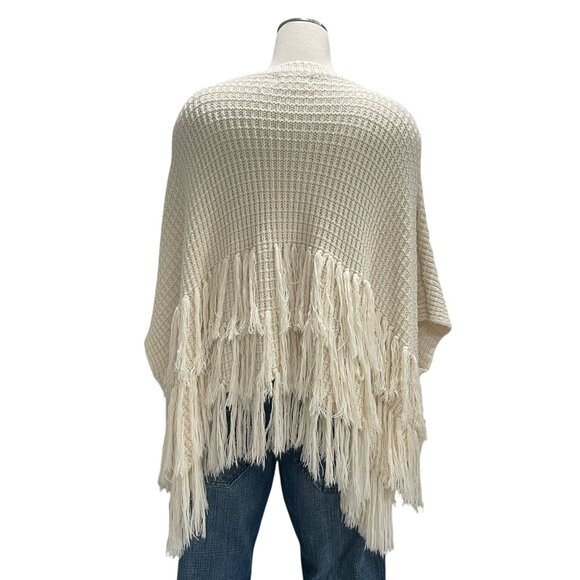 Listicle Boho Fringe Knit Poncho Sweater Large Cream Oversized Waffle Knit Cozy - Picture 5 of 8